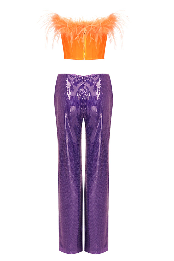 Juhan Orange Feather And Purple Sequined Trousers Two-Piece Set