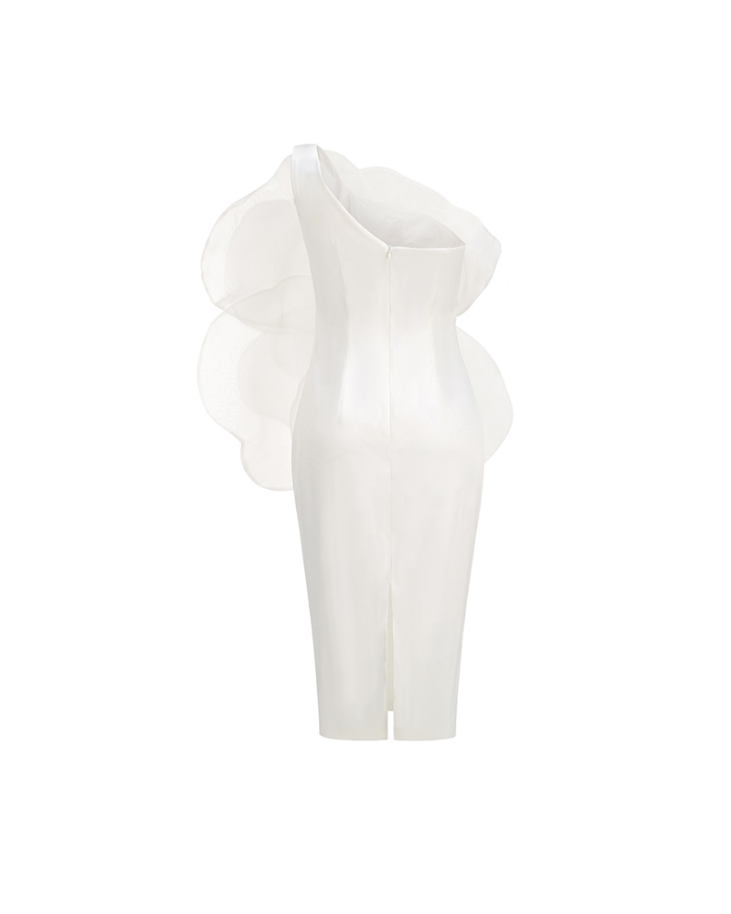 Zayne Mesh Flower One Shoulder Midi Dress In White