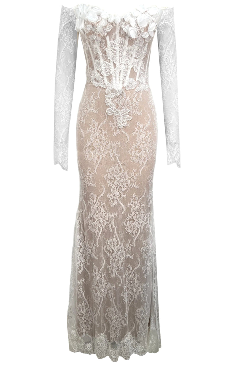 Pakpao Long Sleeve Floral Bustier Lace Maxi Dress In White Nude