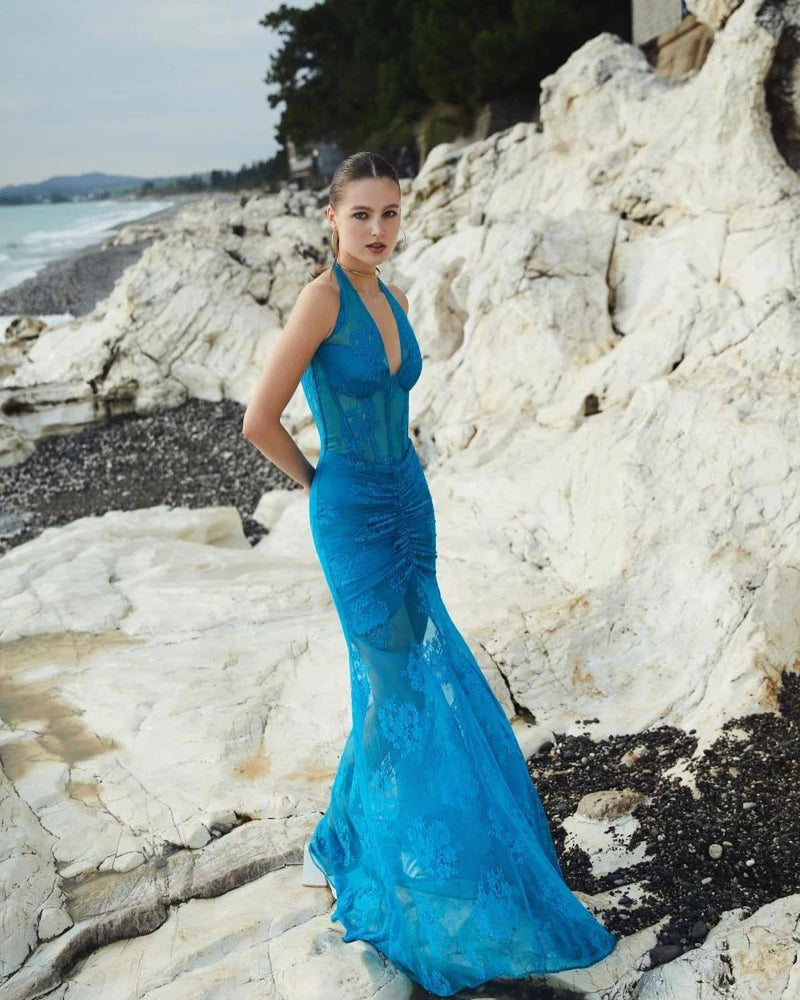 Valeria Lace Halterneck Maxi Dress In Blue