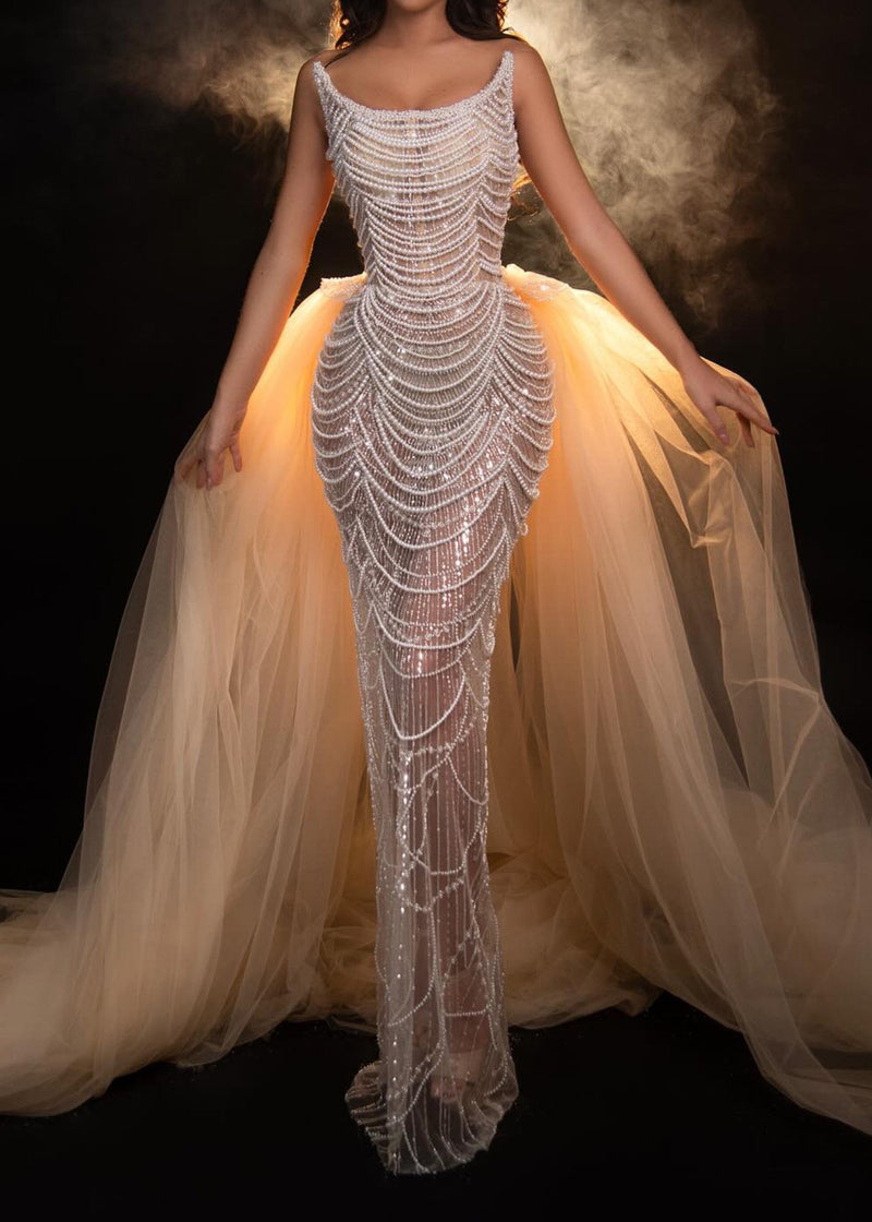 Eorland Strapless Pearl Sequin Maxi Dress In Nude