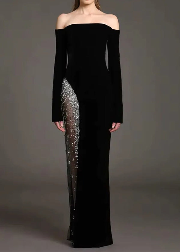 Saelith Long Sleeve Bardot Crystal Mesh Maxi Dress In Black