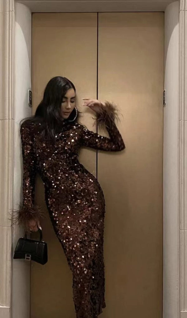 Grasa Sequin Patchwork Plush Cuff Dress In Brown