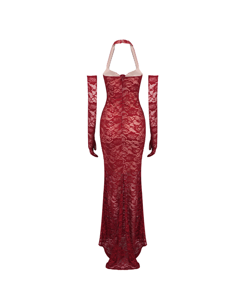 Denali Lace Mesh Maxi Dress In Wine Red