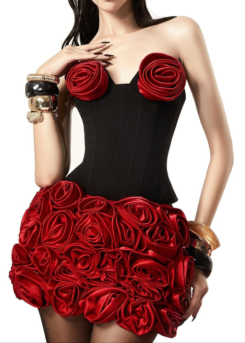 Choncey Strapless Floral Two Piece Corset Dress In Black Red