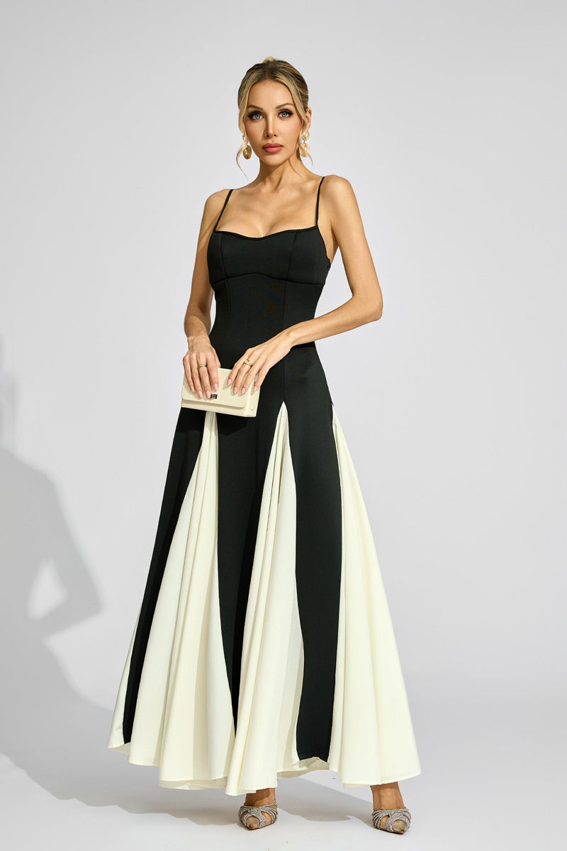 Clotilde Contrast Color Suspender Maxi Dress In Black