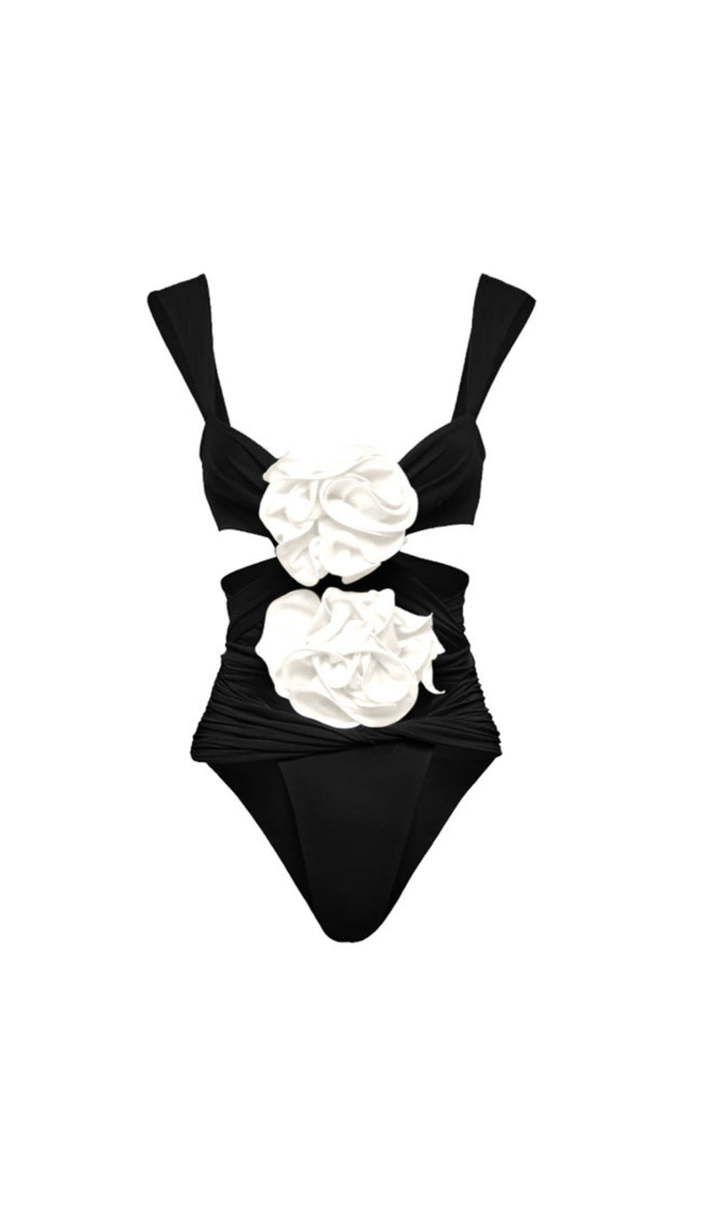 Aizen 3d Flower One Piece Swimsuit And Skirt In Black