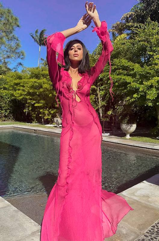 Fuffy Long Sleeve Mesh Split Maxi Dress In Pink
