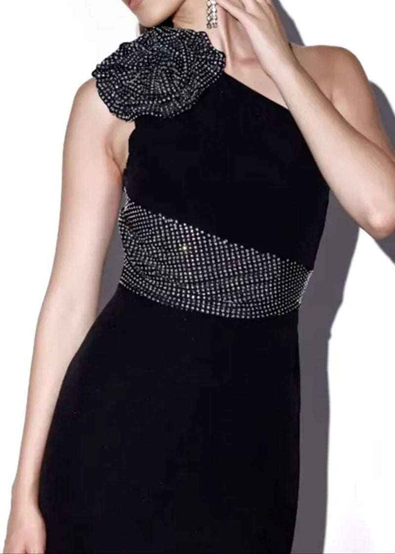 Wiebke One Shoulder Crystal Floral Detail Maxi Dress In Black