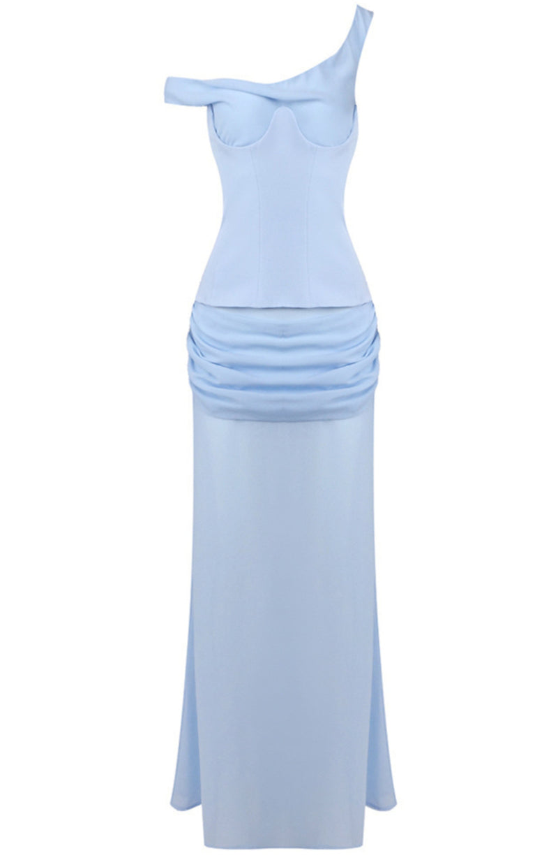 Ryron One Shoulder Corset Draped Maxi Dress In Blue
