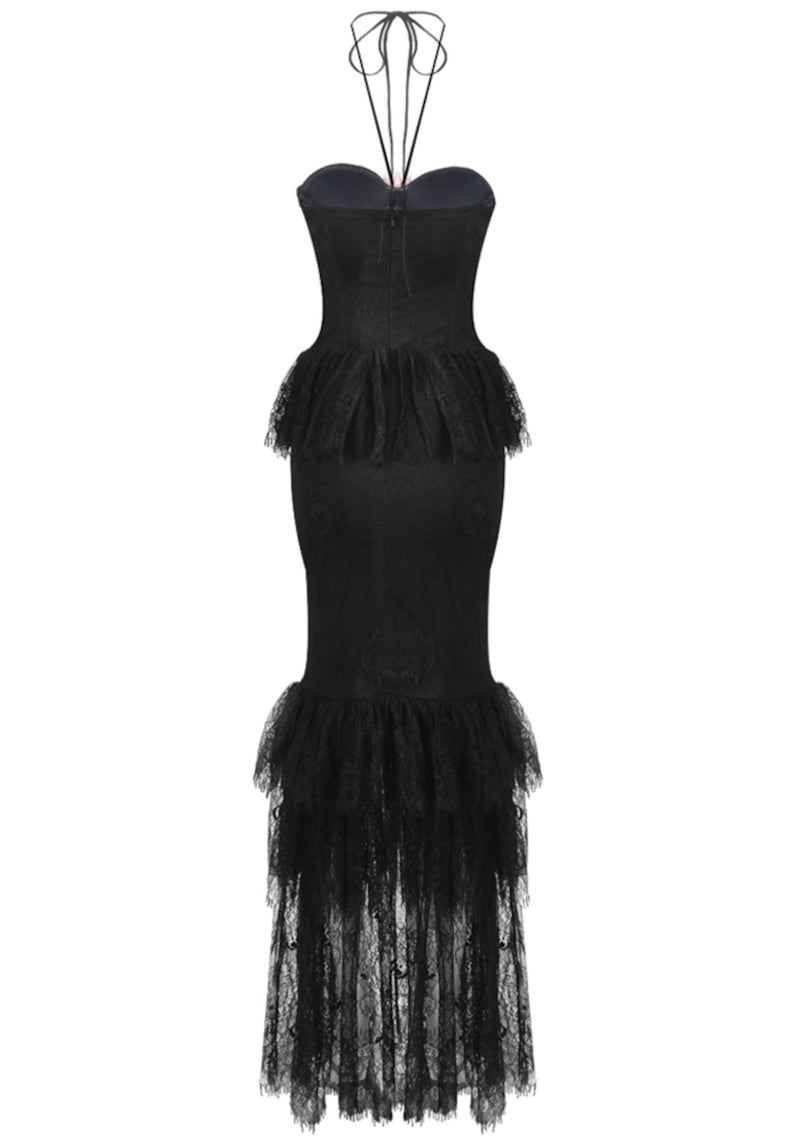 Clora Halter Floral Lace Ruffle Maxi Dress In Black