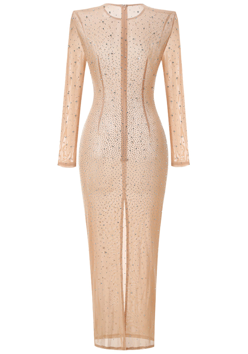 Hilaria Long Sleeve Crystal Mesh Maxi Dress In Nude