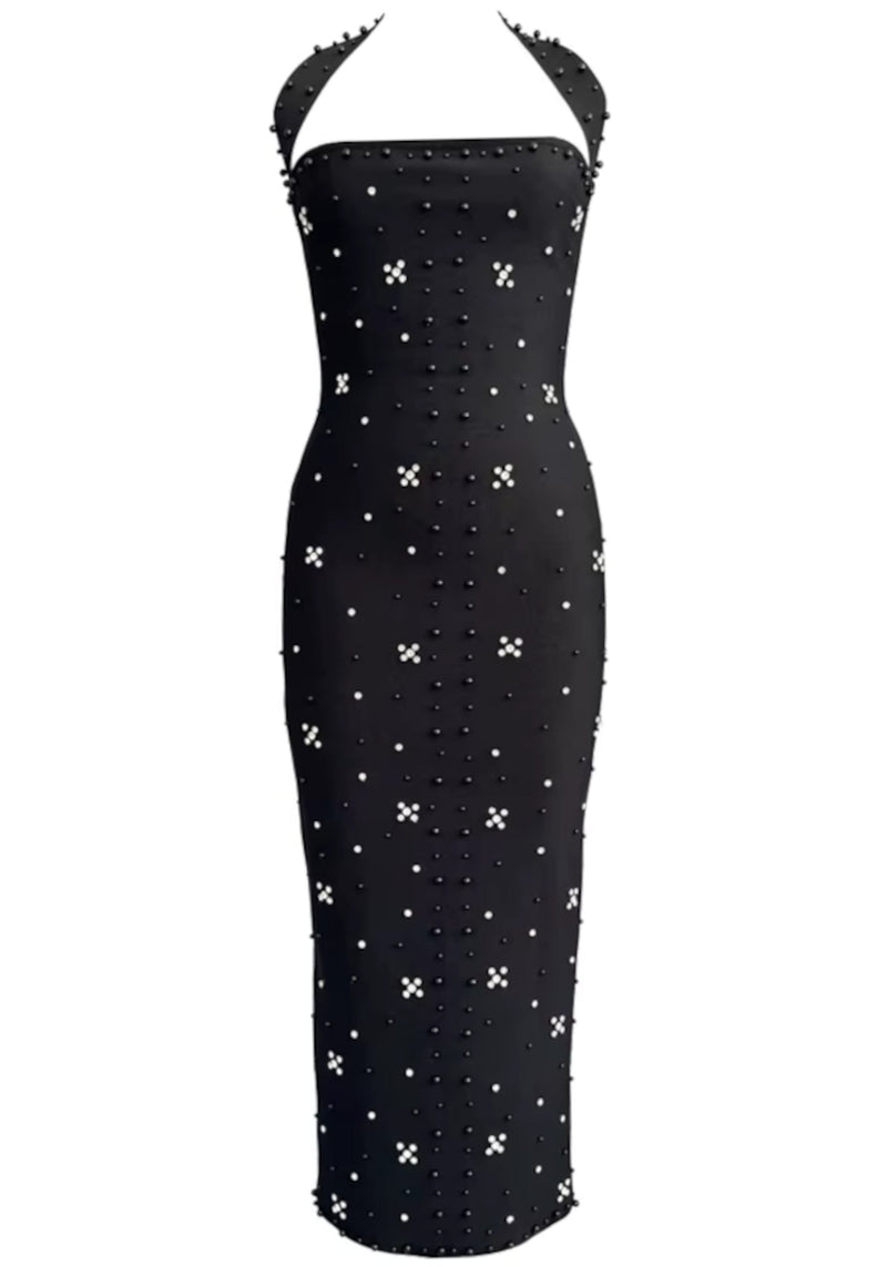 Rebekka Halter Crystal Embellished Maxi Dress In Black