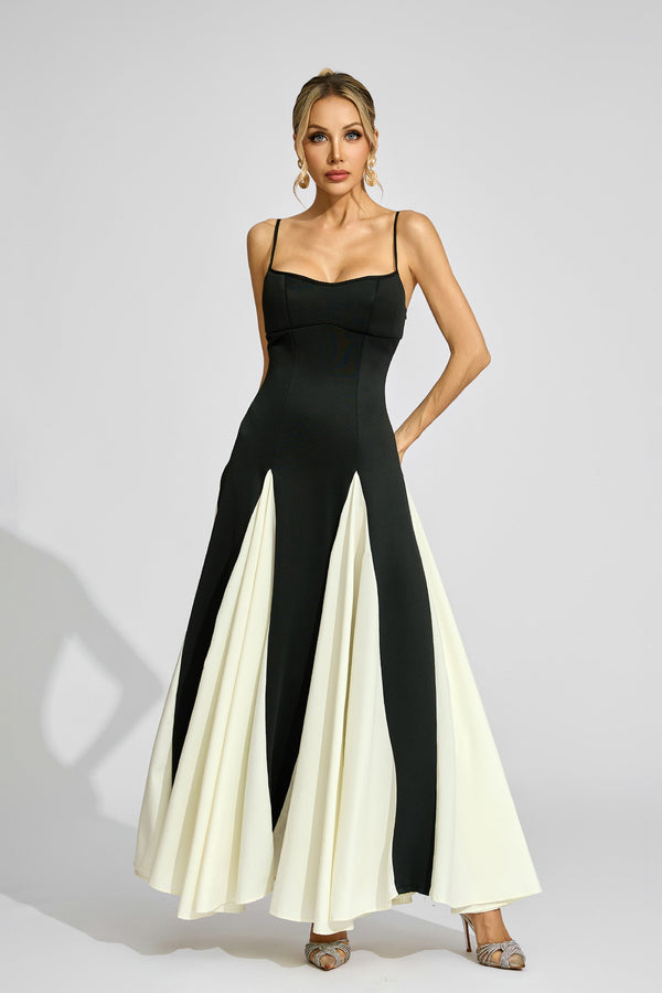Clotilde Contrast Color Suspender Maxi Dress In Black