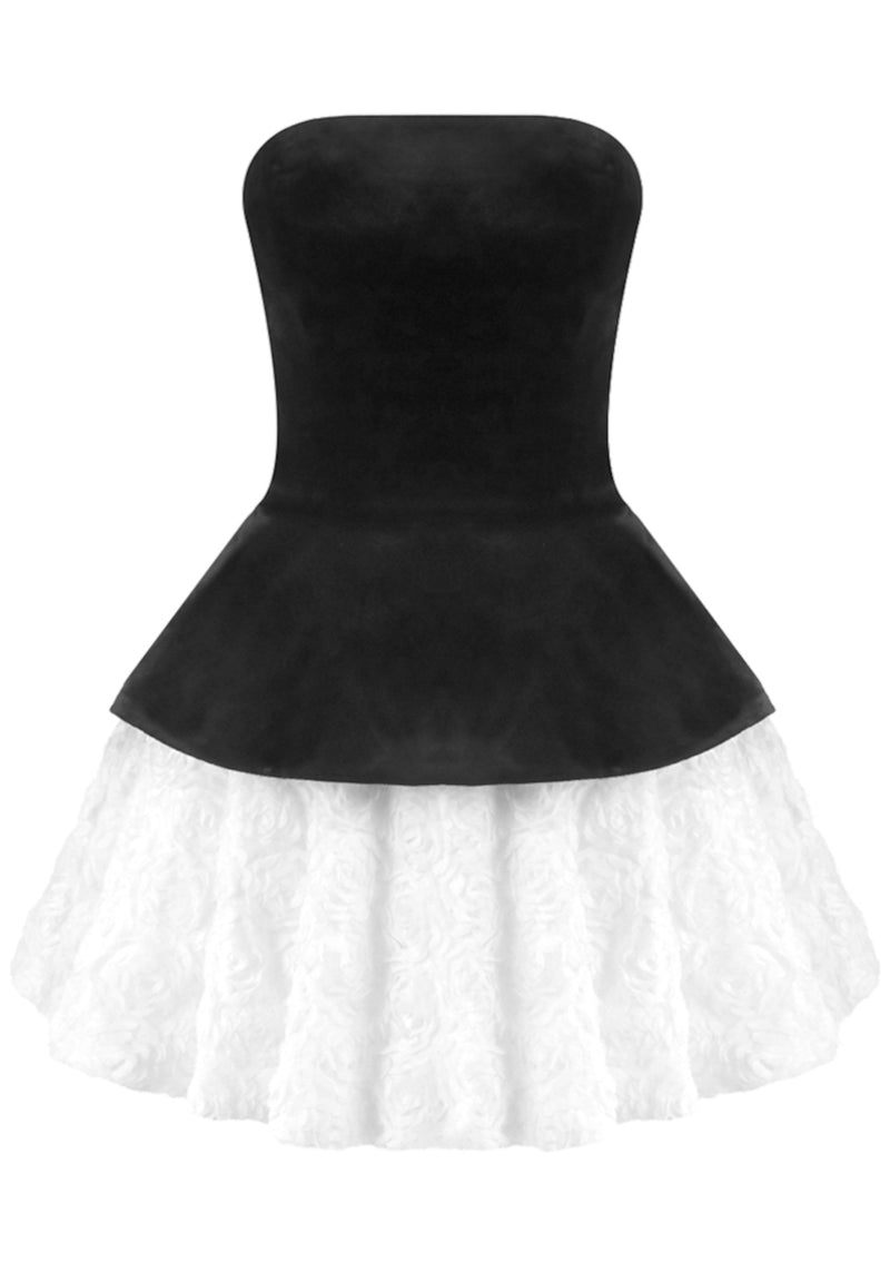 Renaud Strapless Corset Floral A Line Velvet Mini Dress In Black White