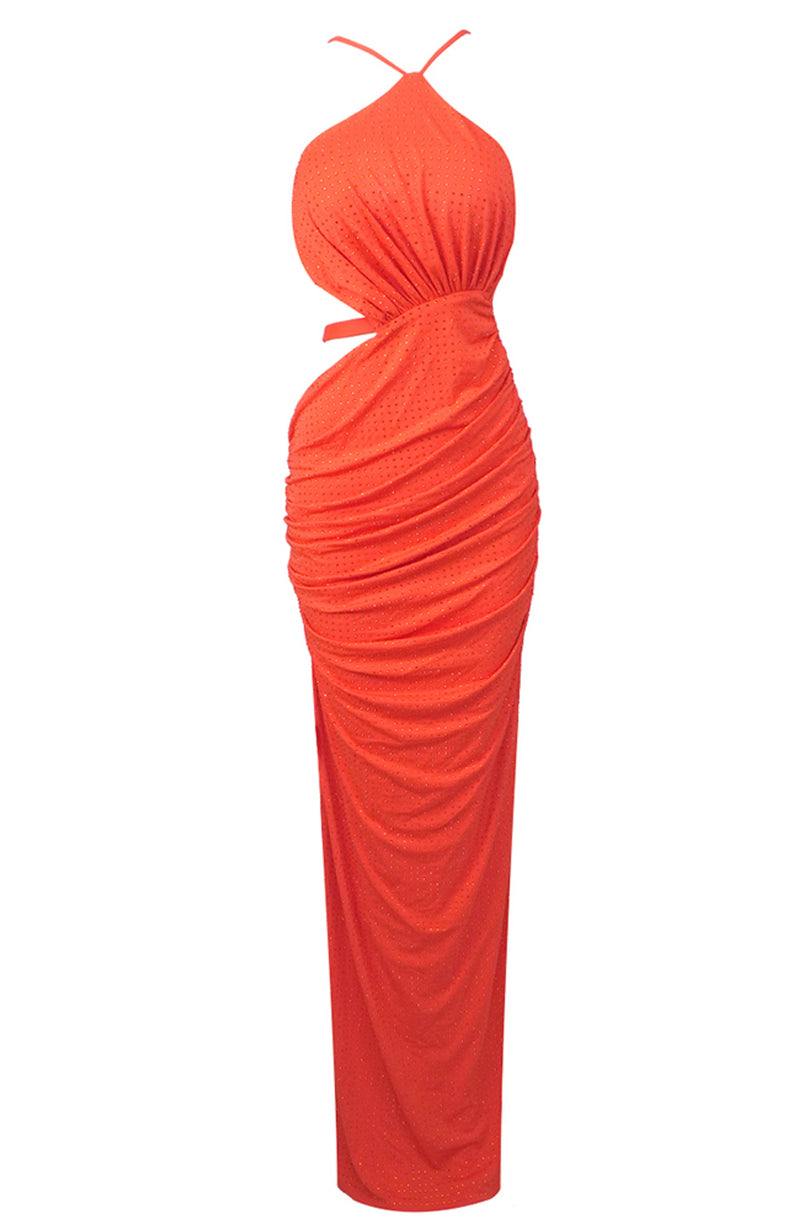 Aceso Halter Draped Maxi Dress In Orange