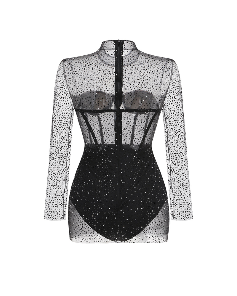 Vila Mesh Diamond Embellishment Mini Dress In Black