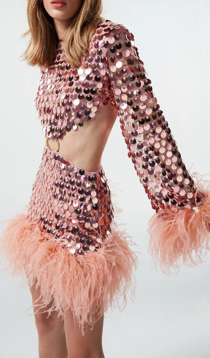 Gunnel Sequinned Feather-Trim Mini Dress