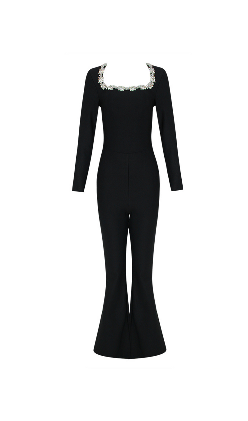 Kellie Long Sleeve Crystal Neckline Jumpsuit In Black