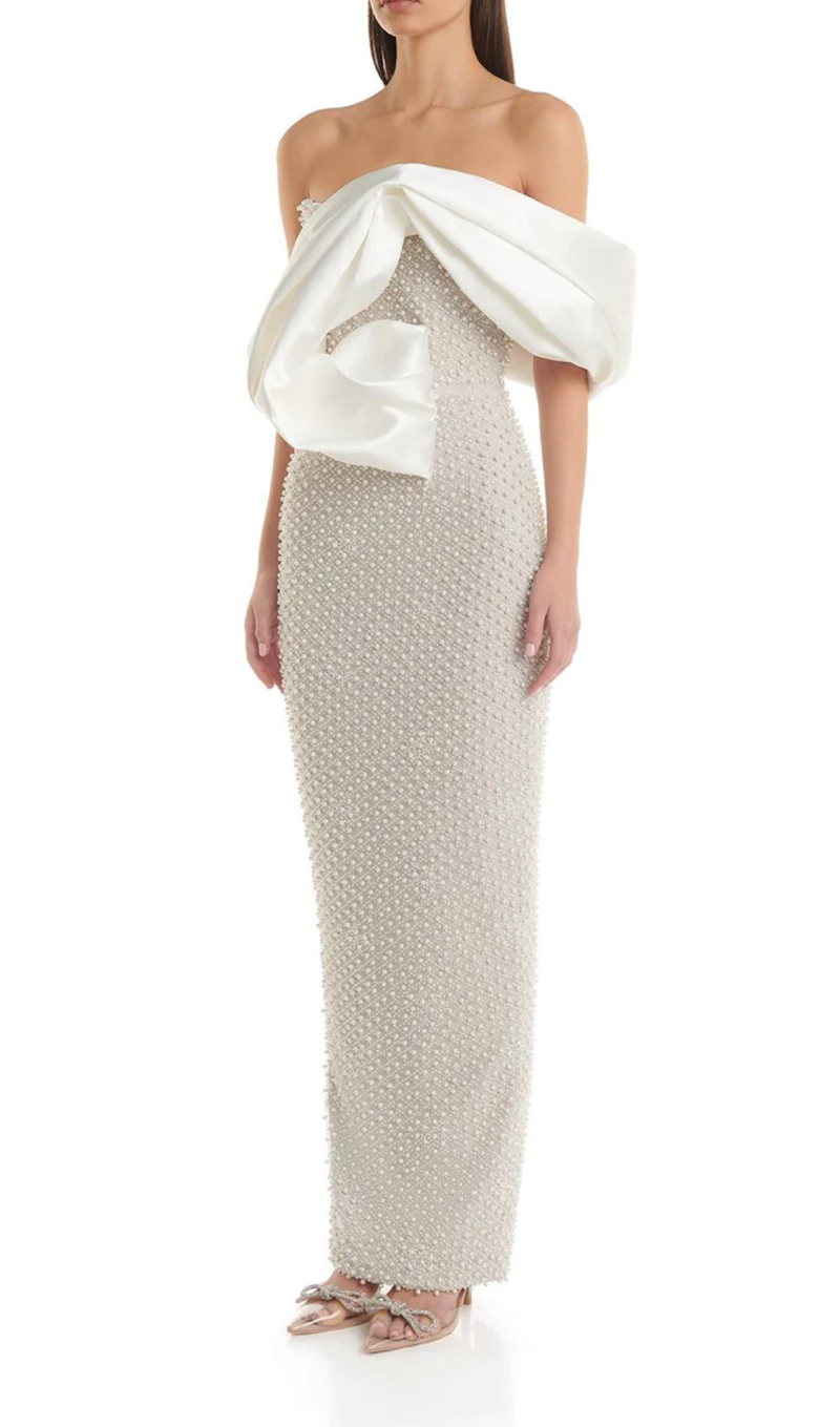 Bridget Pearl Embellished Off-Shoulder Midi Dress