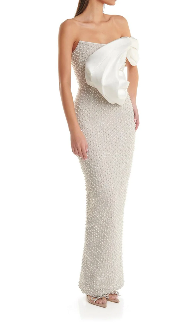 Bridget Pearl Embellished Off-Shoulder Midi Dress