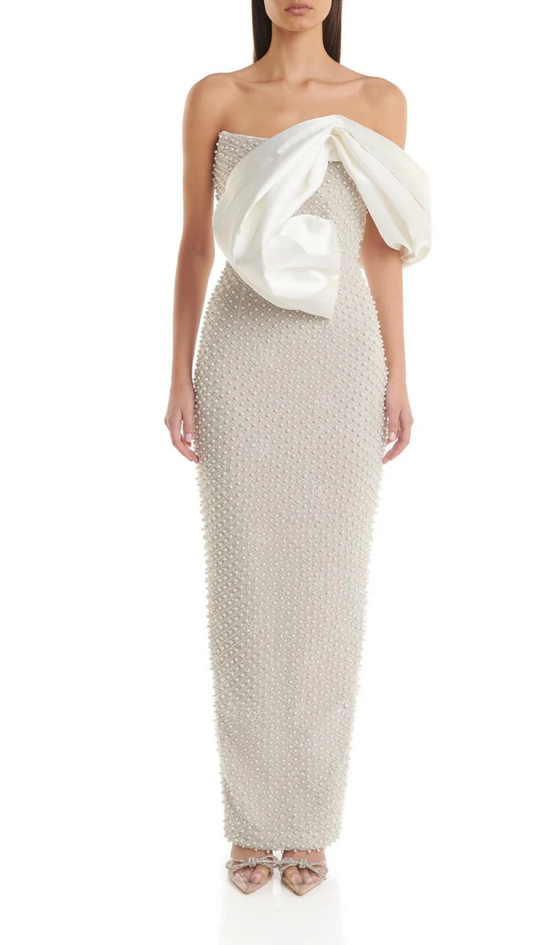 Bridget Pearl Embellished Off-Shoulder Midi Dress