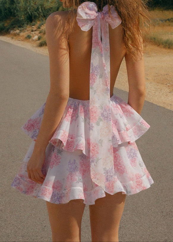 Panola Backless Flower Printed Bow Mini Dress In Pink