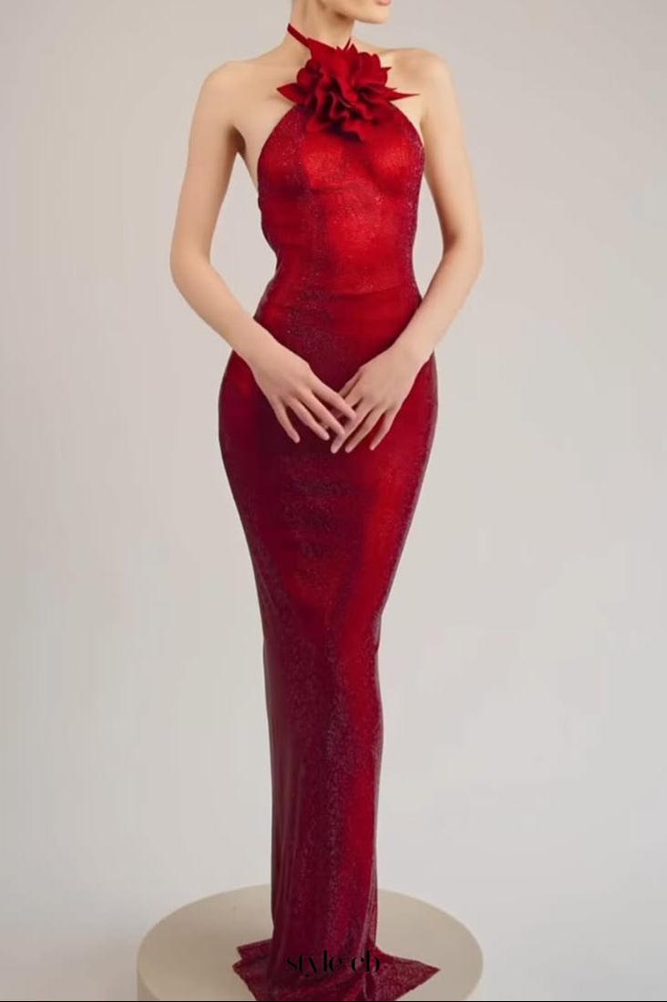 Calypsa 3D Flower Sequin Halter Maxi Dress In Red