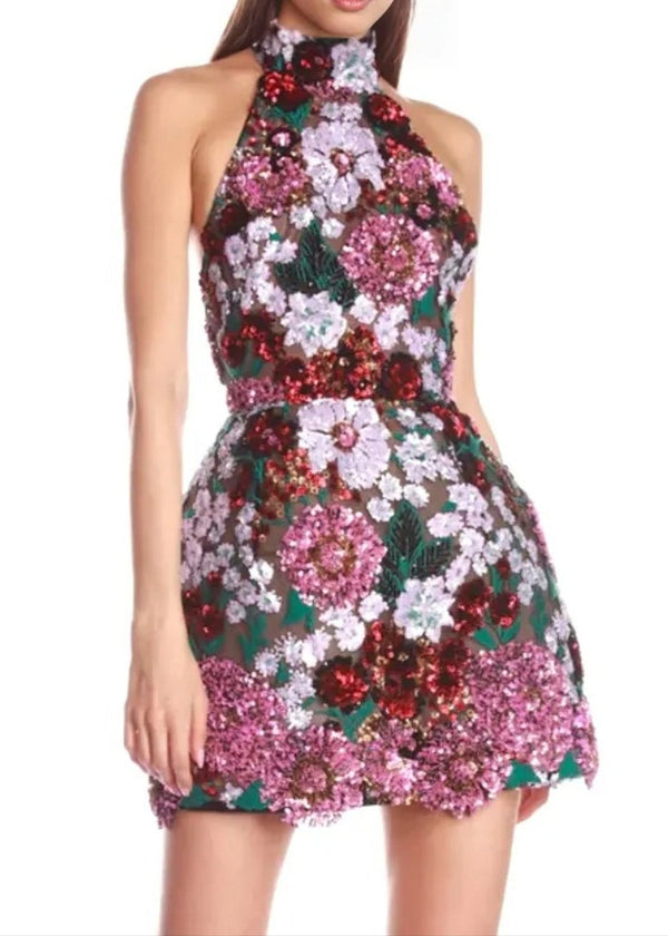 Reia Halter Sequin Floral Mini Dress