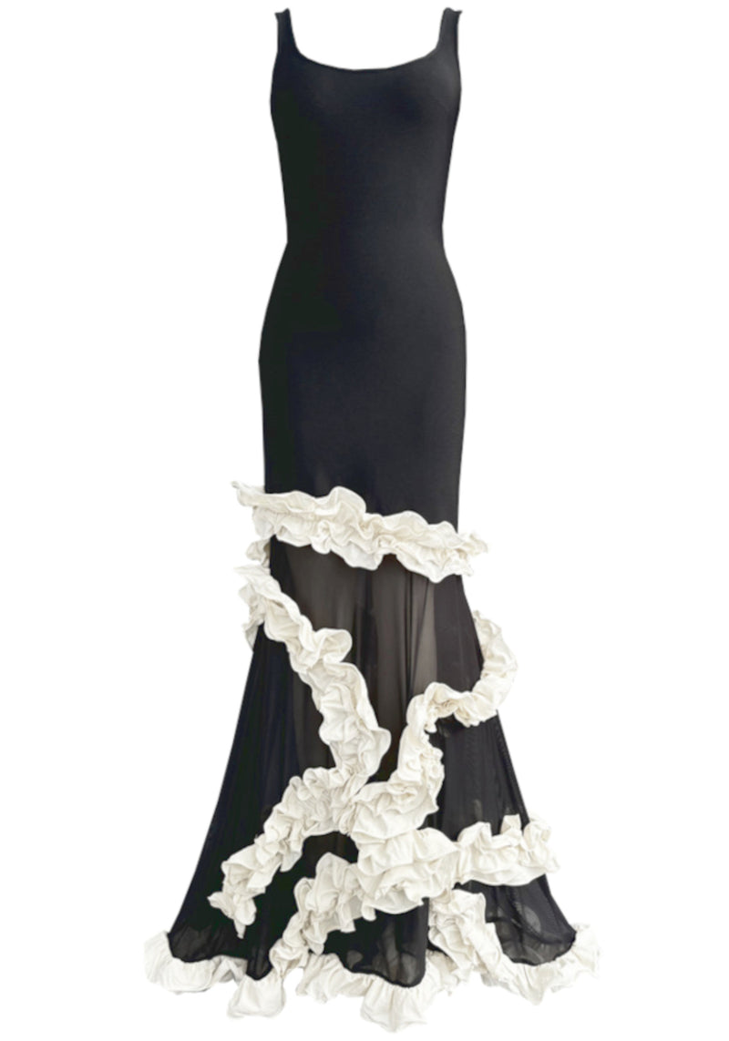 Aeris Ruffle Mesh Maxi Dress In Black White