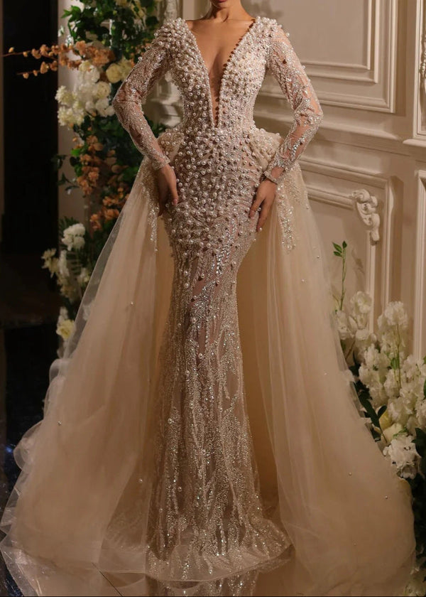 Hyrthos Long Sleeve Pearl Sequin Maxi Dress In Ivory