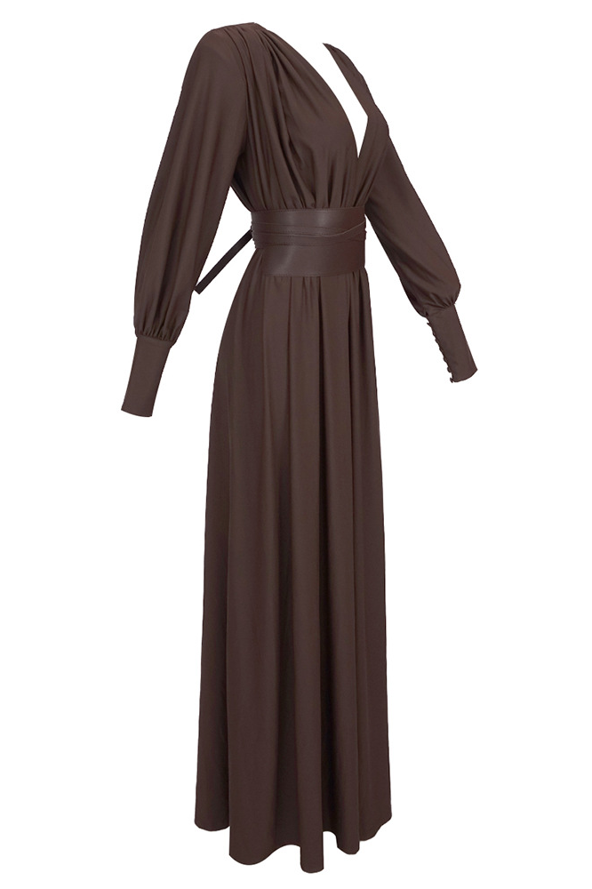Wendie Long Sleeve Plunge V Neck Maxi Dress