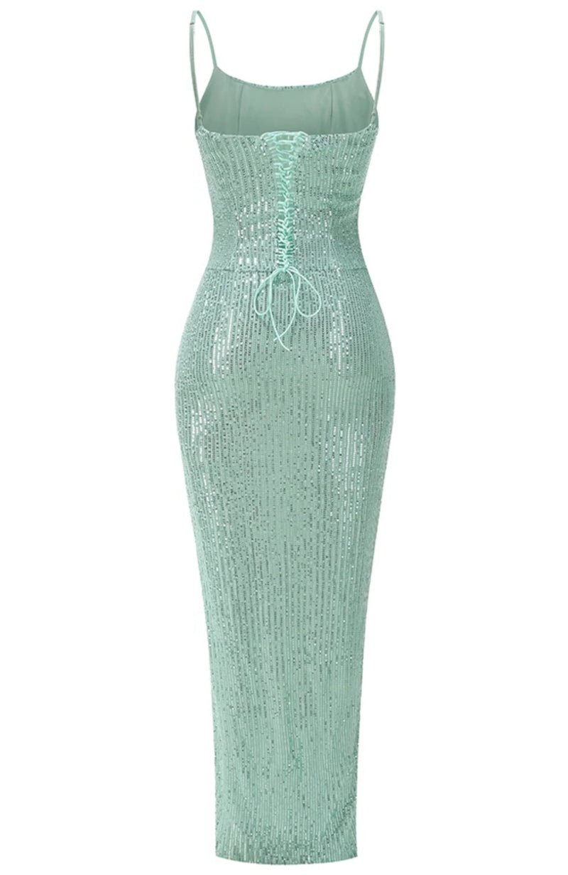 Raldris Sequin Draped Corset Maxi Dress In Green