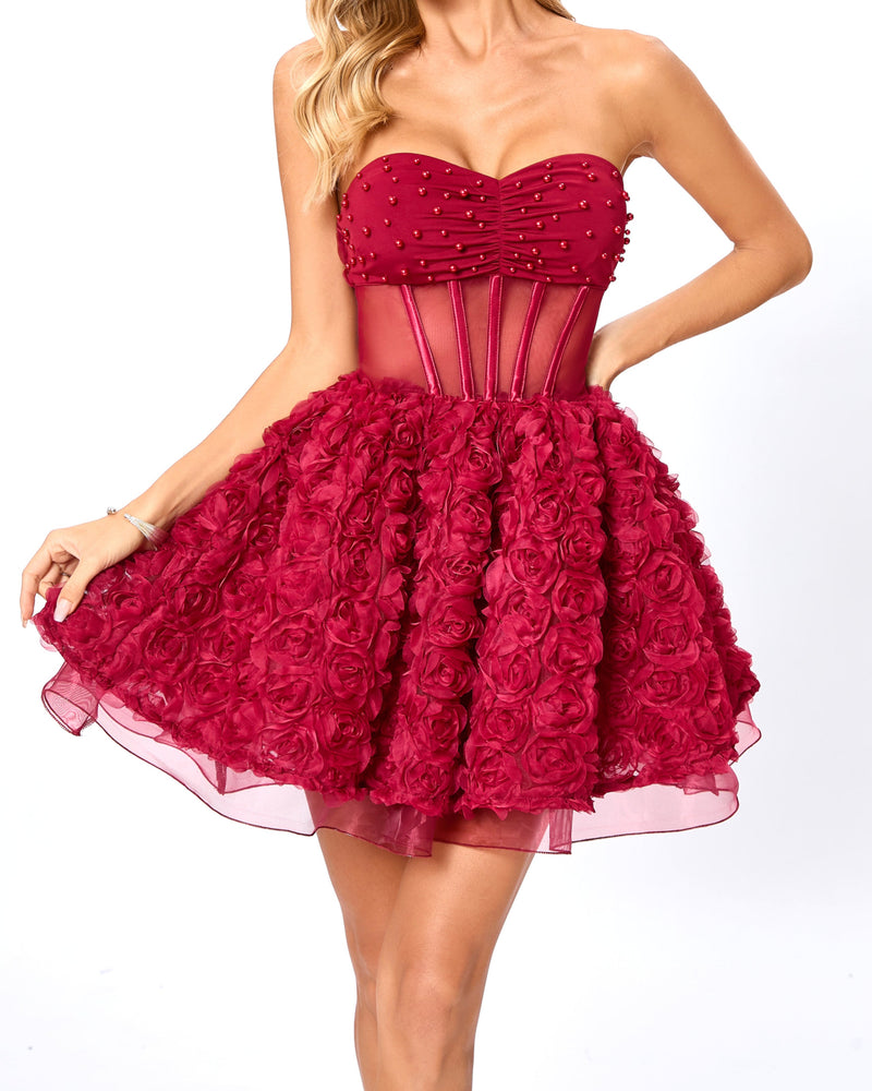 Osorio Strapless Floral Corset A Line Mini Dress In Red