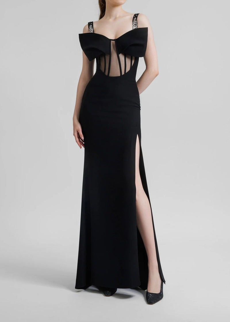 Veerle Bow Bustier Structured Mesh Maxi Dress In Black
