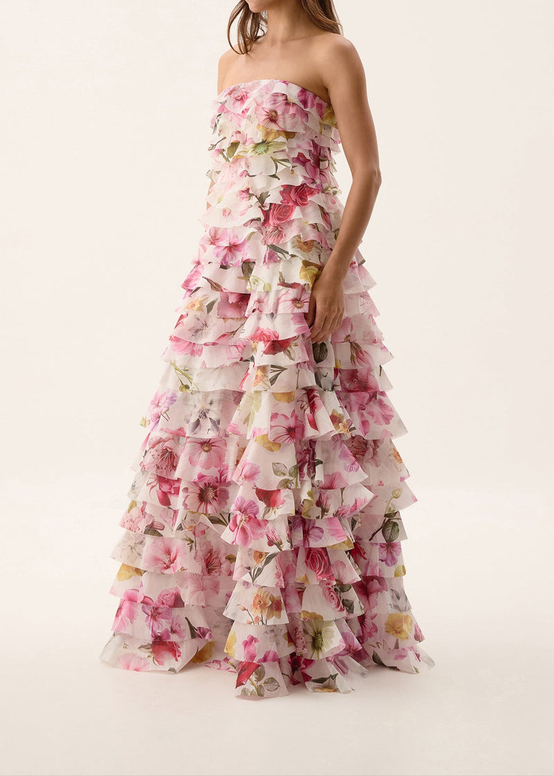 Corthos Strapless Floral Printed Layered Maxi Dress