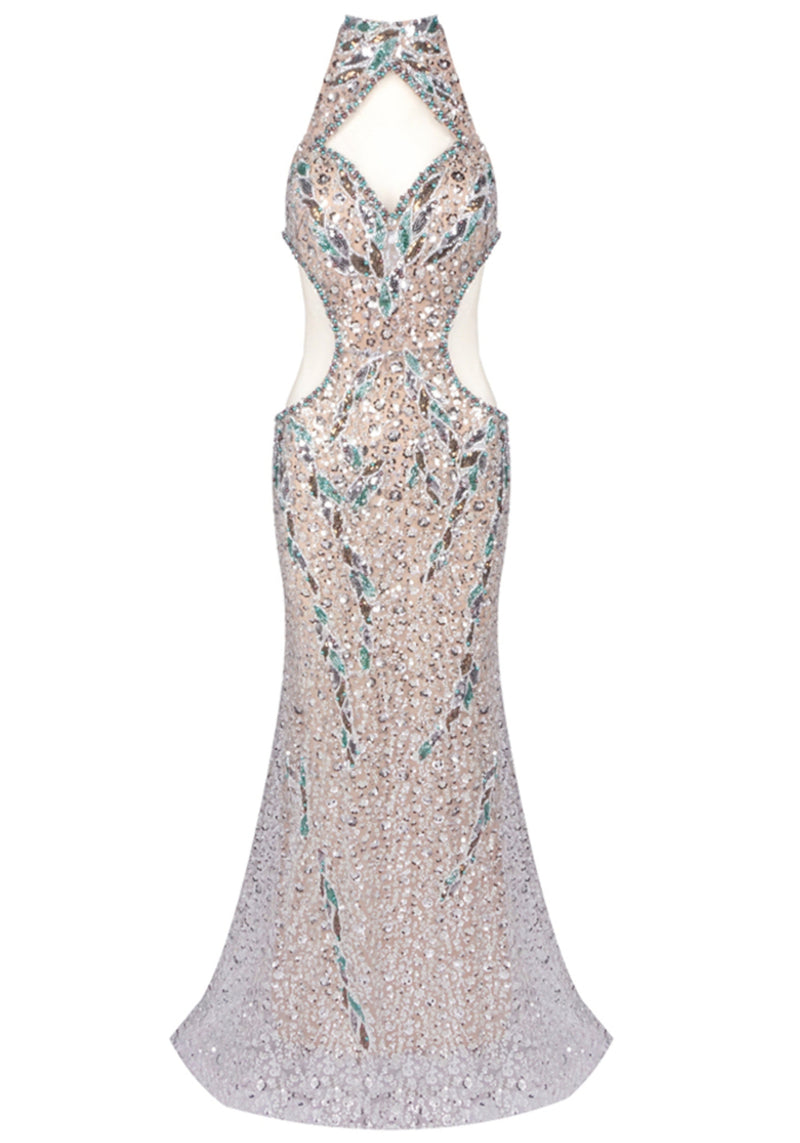 Laurie Halter Crystal Sequin Mermaid Maxi Dress In Silver