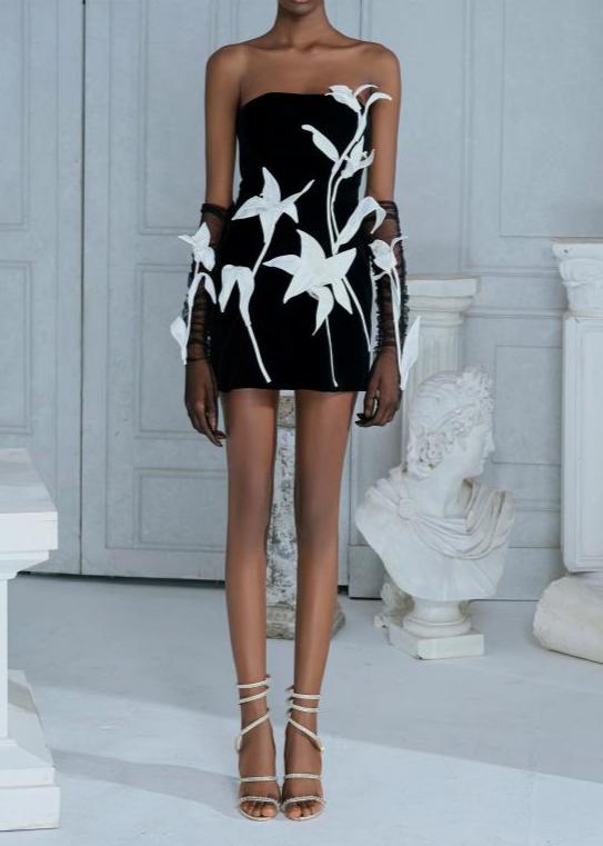 Rupali Tulip Flower A-Line Straight Across Neck Velvet Mini Dress