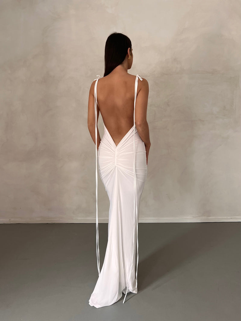 Birtin Backless Halter Maxi Dress In White