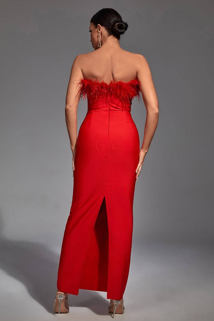 Euopa Red Feather Tassel Maxi Dress