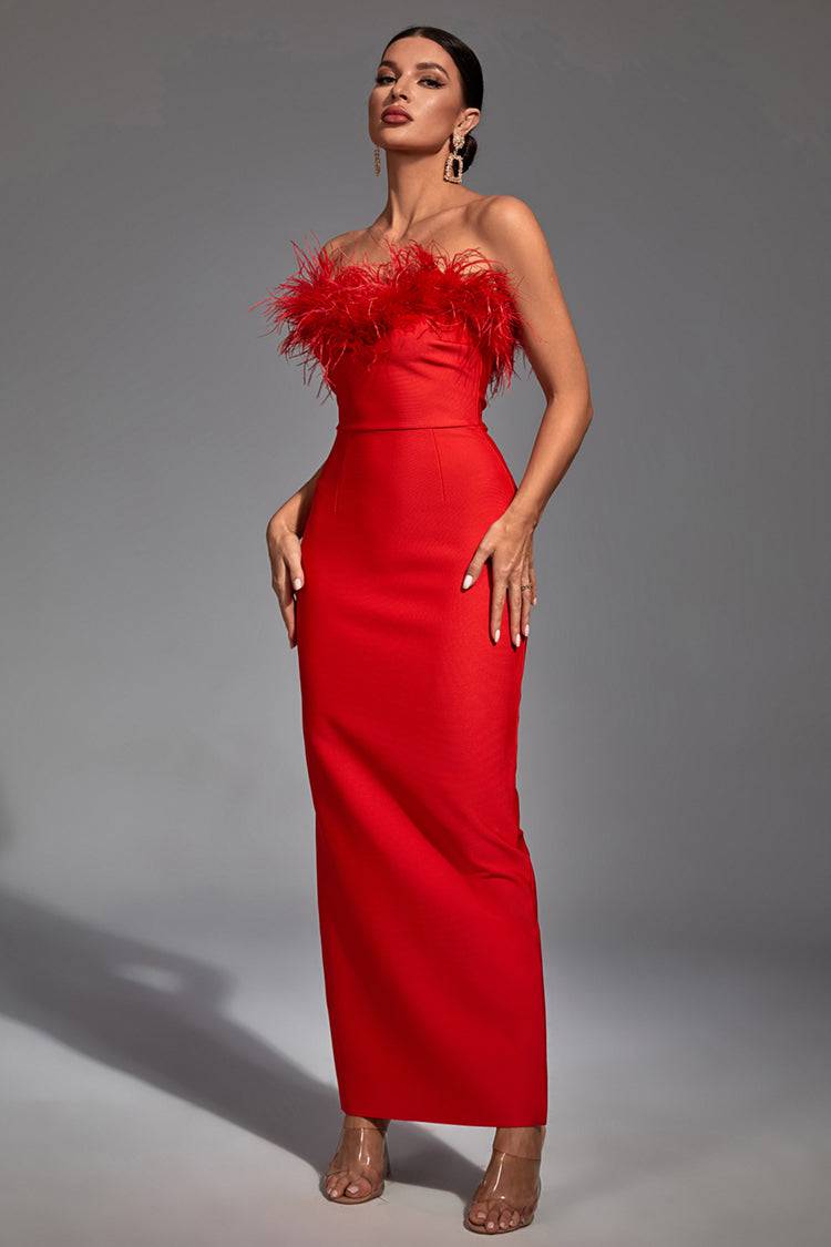 Euopa Red Feather Tassel Maxi Dress