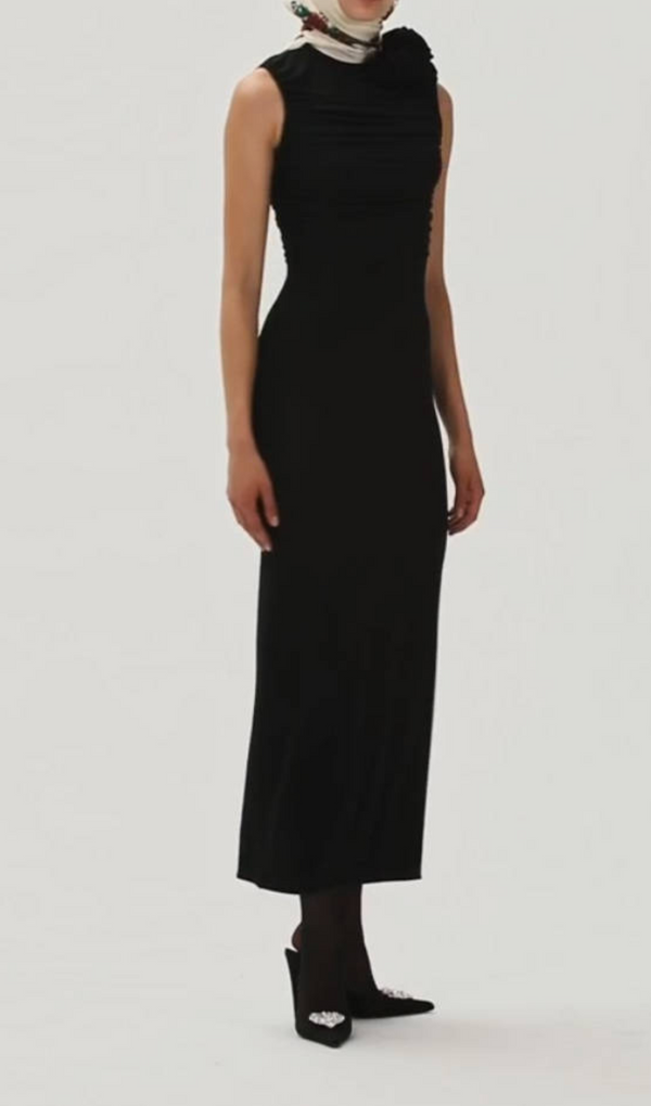 Liliana Flower Embellished Ruched Midi Dress In Black