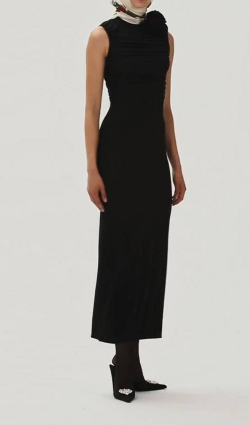 Liliana Flower Embellished Ruched Midi Dress In Black