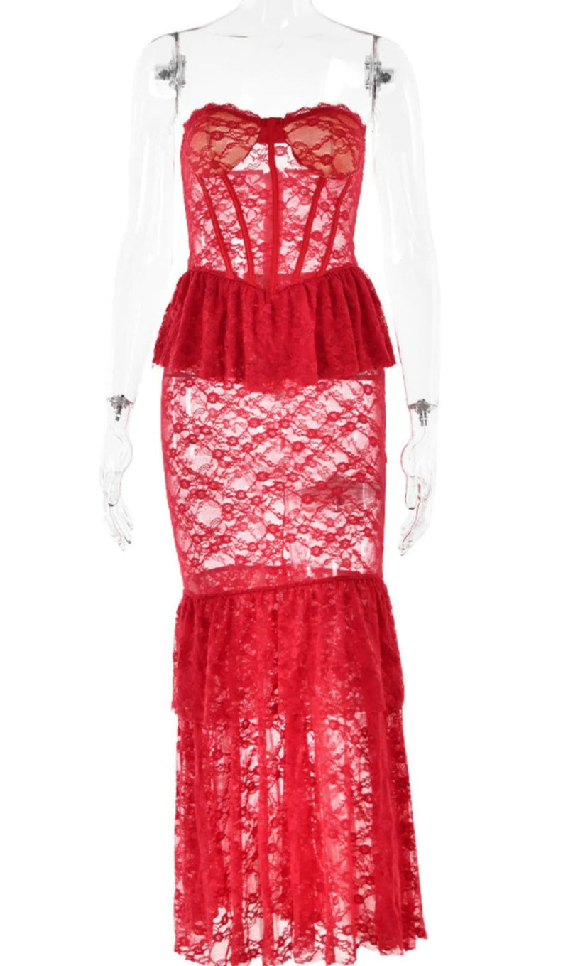 Yuri Strapless Lace Mermaid Dress In Red