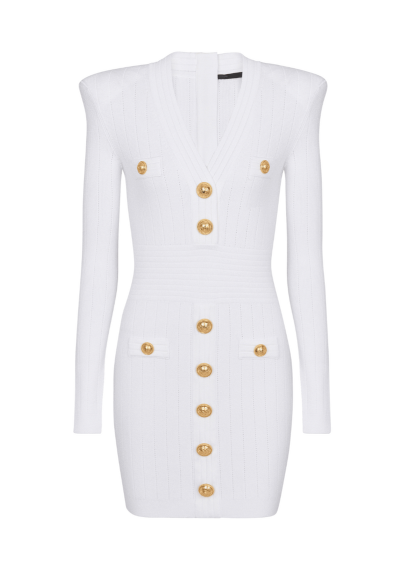 Sable White Short Knitted Mini Dress With Gold Buttons