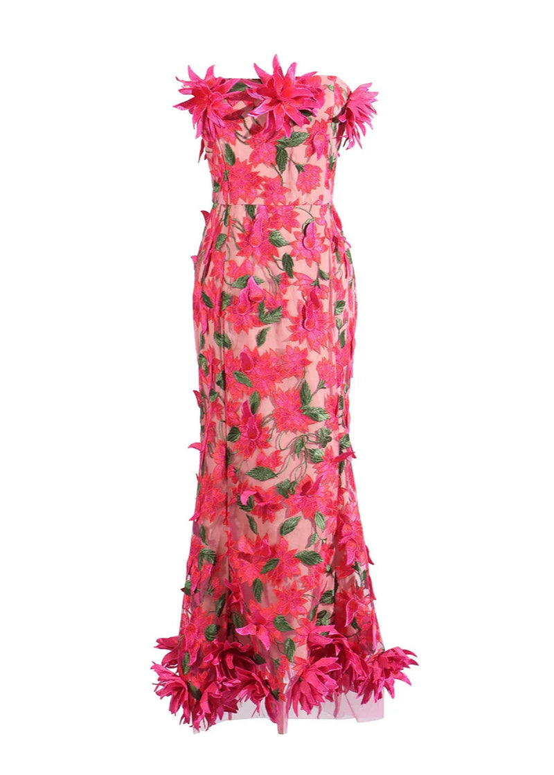 Chasity 3D Flower Embroidery Strapless Midi Dress In Rose Red