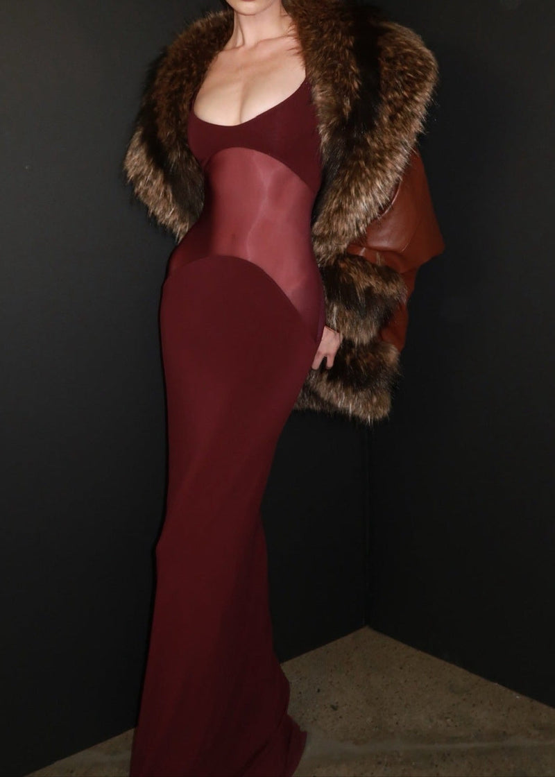 Nyxara Sheer Knit Curve Maxi Dress In Merlot