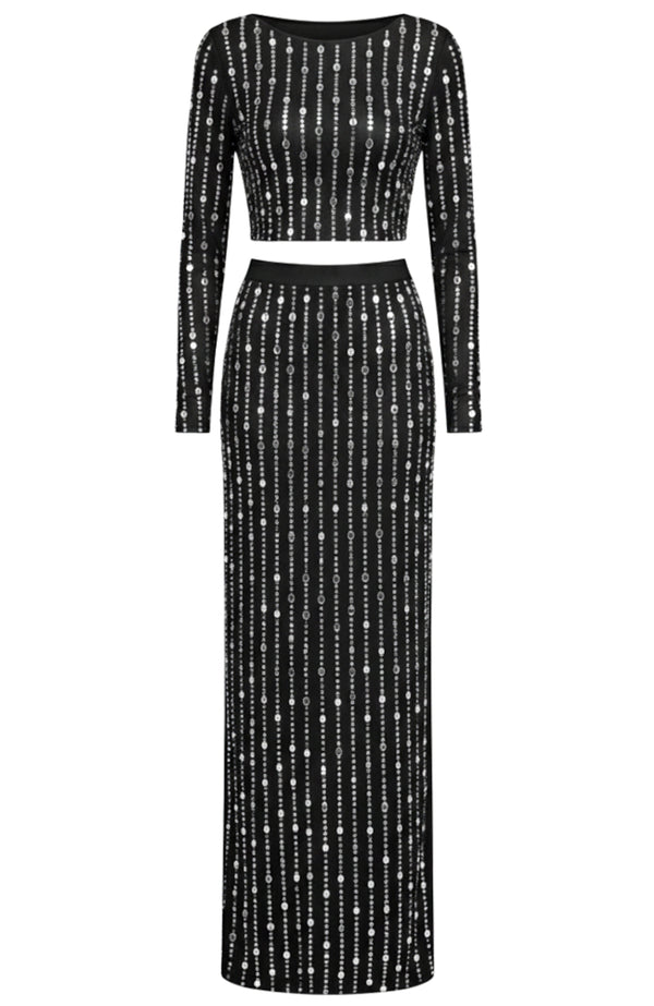 Relara Long Sleeve Crystal Maxi Two Piece Dress In Black