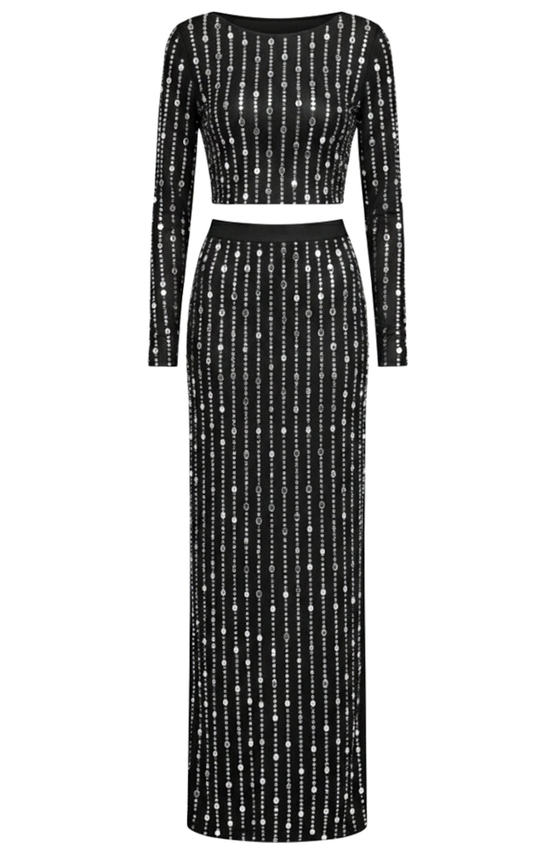 Relara Long Sleeve Crystal Maxi Two Piece Dress In Black