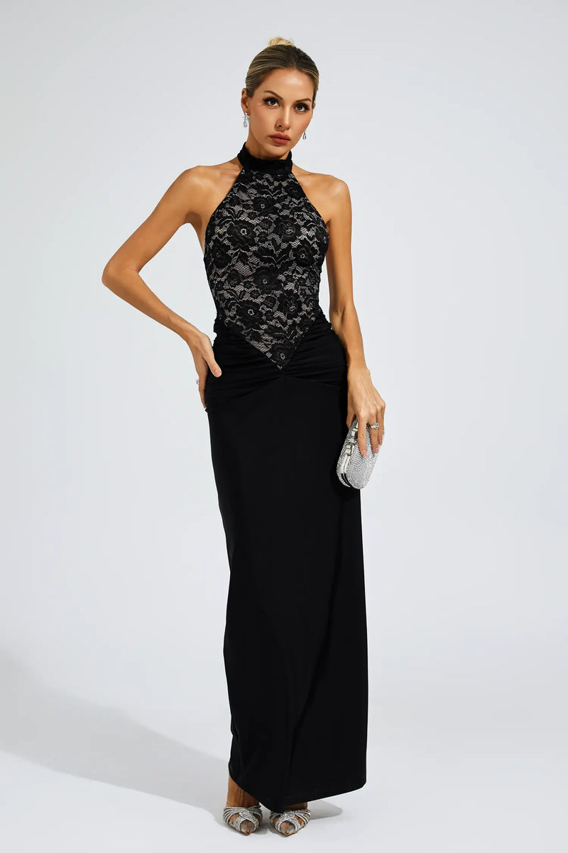 April Halter Neck Lace Bodycon Maxi Dress In Black